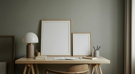 An interior room with blank rectangular photo frames on the wall 3d illustration mock-up template.