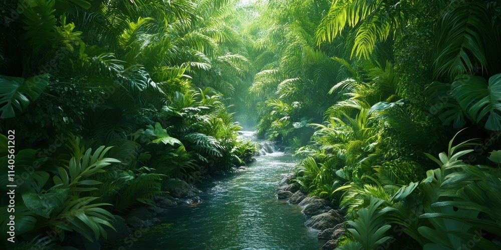 Poster lush green jungle with a tranquil stream flowing through vibrant foliage, creating a serene and refr