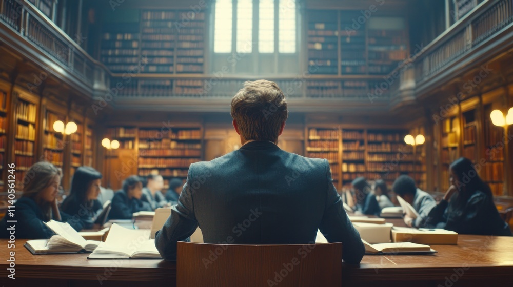 Poster man lecturing students in grand library.