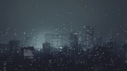 Dark, foggy city skyline at night with falling snow.