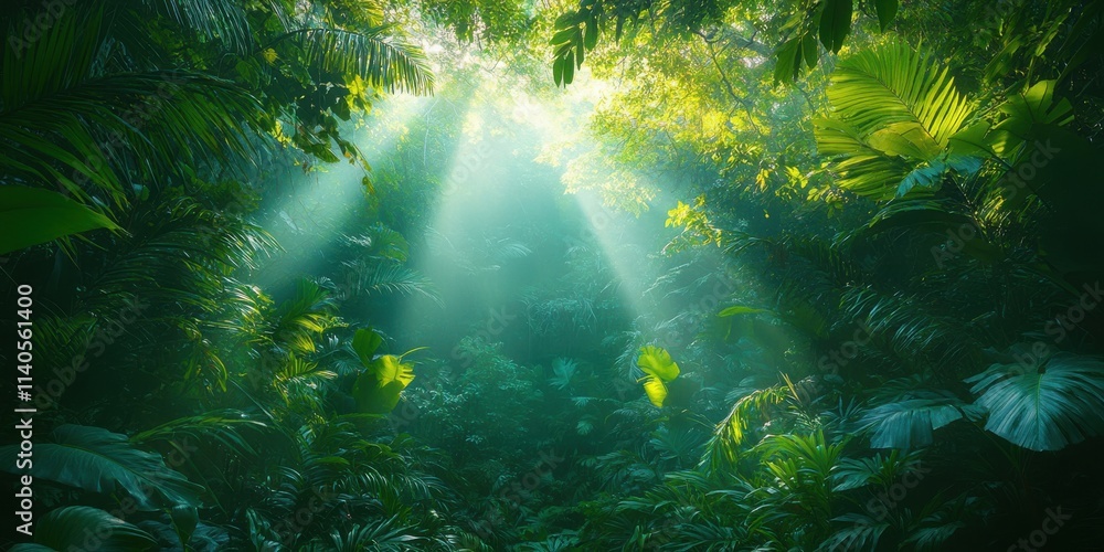 Poster lush green jungle illuminated by sun rays filtering through the treetops, creating a serene and tran