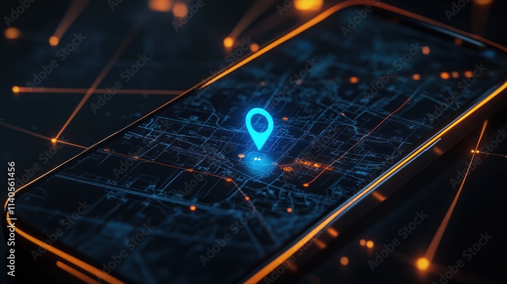 Poster glowing smartphone displaying digital map with location pin.