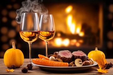 Obraz premium Delicious boeuf bourguignon with wine, perfect for Valentine\'s Day dinner by the fireplace. Generative AI