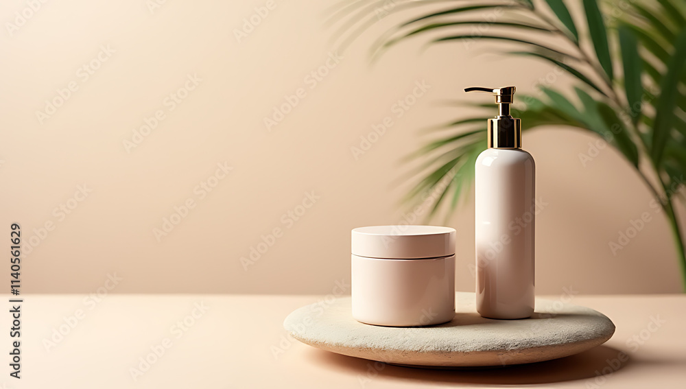 Poster a luxury product display features a sandstone top with a minimalist design and a palm leaf on a past