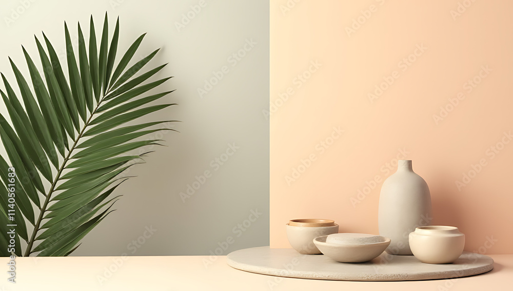 Poster a luxury product display features a sandstone top with a minimalist design and a palm leaf on a past