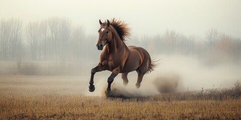 A majestic brown horse galloping through a misty field, creating a cloud of dust in a tranquil setting.