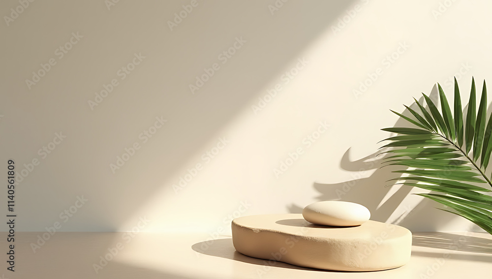 Poster a luxury product display features a sandstone top with a minimalist design and a palm leaf on a past
