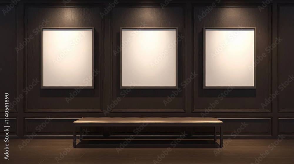 Poster minimalist art gallery interior with empty frames and simple bench