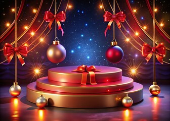 christmas background with balls and ribbon and Christmas trees. Holiday mockup product display on a wooden surface