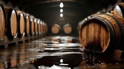 Wine Barrel Leaks Red Wine In Dark Cellar