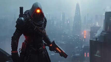 Futuristic hooded warrior with glowing eyes stands on a rooftop overlooking a rain-swept cyberpunk city.