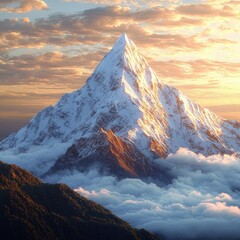 Majestic snow-capped mountain peak rises above the clouds at sunset, creating a breathtaking view.
