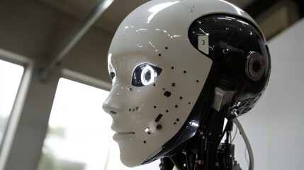 Fototapeta premium The concept of artificial intelligence AI. Technology for working with an intelligent brain computer. Robot human working at laptop. Maintenance engineer working digital display. Robot programming 