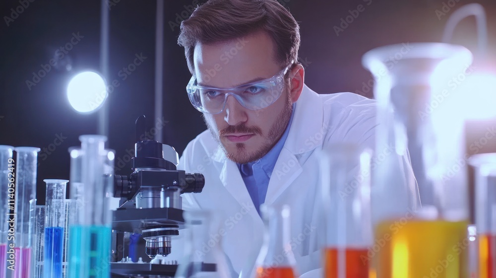 Poster focused scientist using microscope in lab, surrounded by colorful test tubes and beakers.