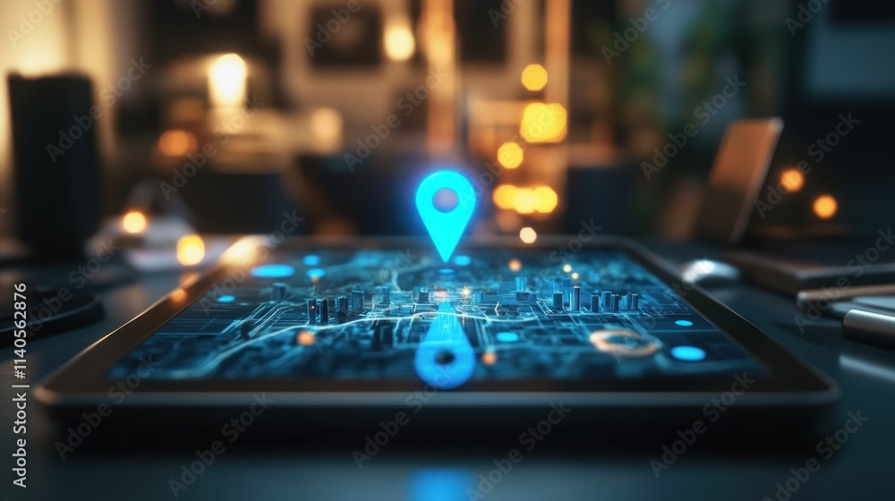 Poster glowing location pin on digital map displayed on tablet screen.
