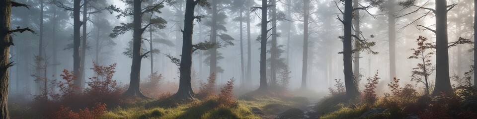 Obraz premium A misty morning in a forest with fog rolling in over the trees and underbrush , autumn, mist, scenery