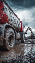 Tank truck and excavator working on muddy construction site