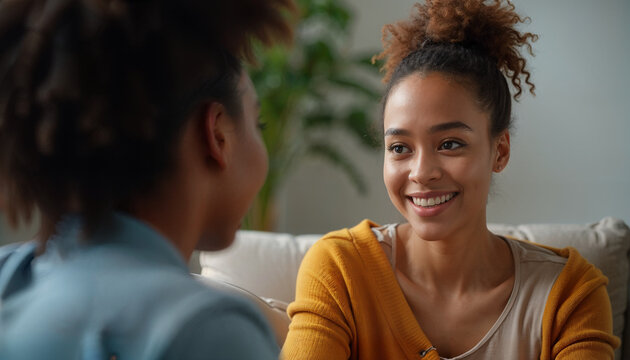 A diverse therapist and client in a counseling session, depicted with warm tones and natural expressions. Focus on a supportive and safe environment
