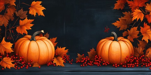 Two vibrant orange pumpkins surrounded by autumn leaves and berries, capturing the essence of fall.