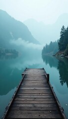 Fototapeta premium Lake landscape with misty atmosphere and wooden pier, lake, water, natural