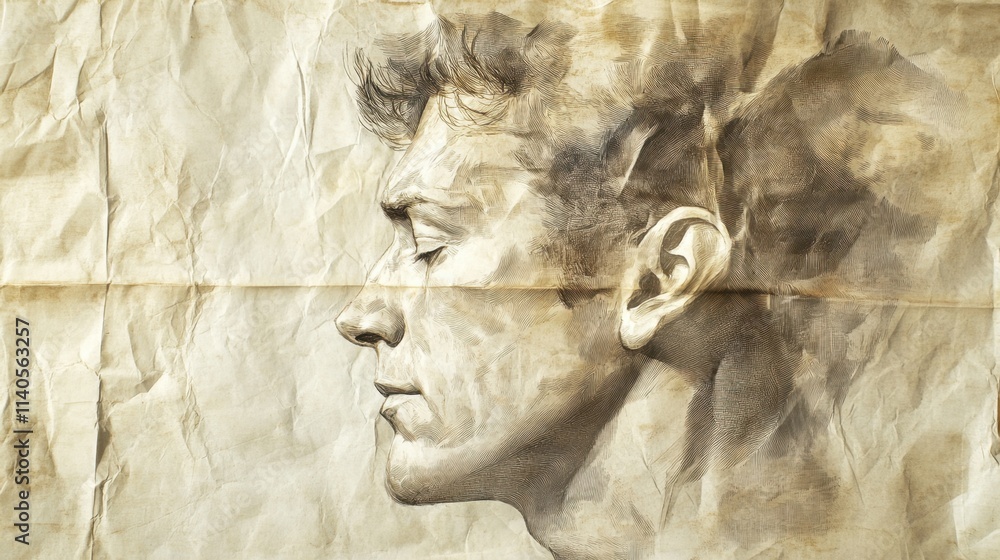 Poster artistic representation of a contemplative profile in soft hues