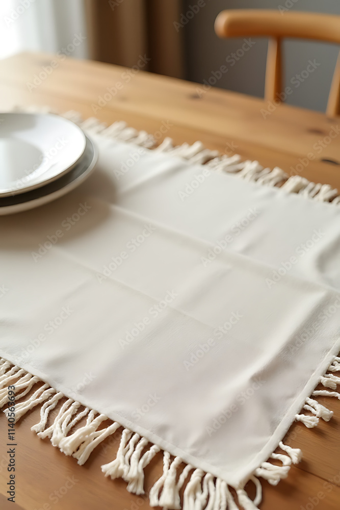 Poster a fabric placemat is placed on a wood table top, creating a clean and simple decorative background._