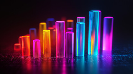Obraz premium Colorful neon light bars chart. Concept of business growth, data analysis, and financial success.