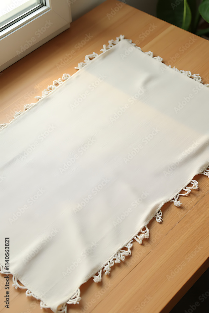 Poster a fabric placemat is placed on a wood table top, creating a clean and simple decorative background._
