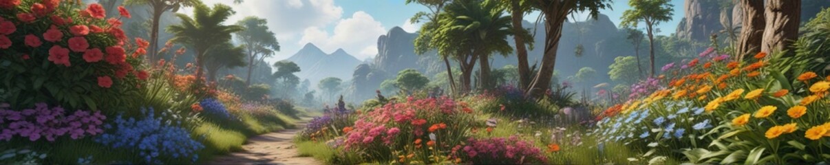 Fototapeta premium Lush greenery fills the air with vibrant flowers and plants , lush plants, greenhouse oasis, foliage