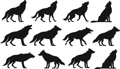 Wolf silhouette vector art set in different styles, using black color illustration design