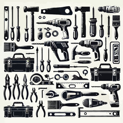 Flat construction tools collection Silhoute set