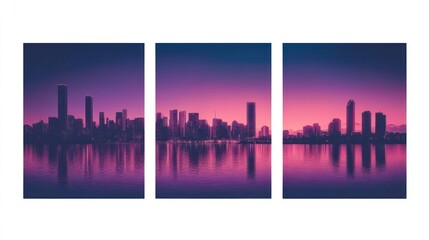 Triptych of a city skyline reflecting in calm water at sunset, with a vibrant pink and purple sky.
