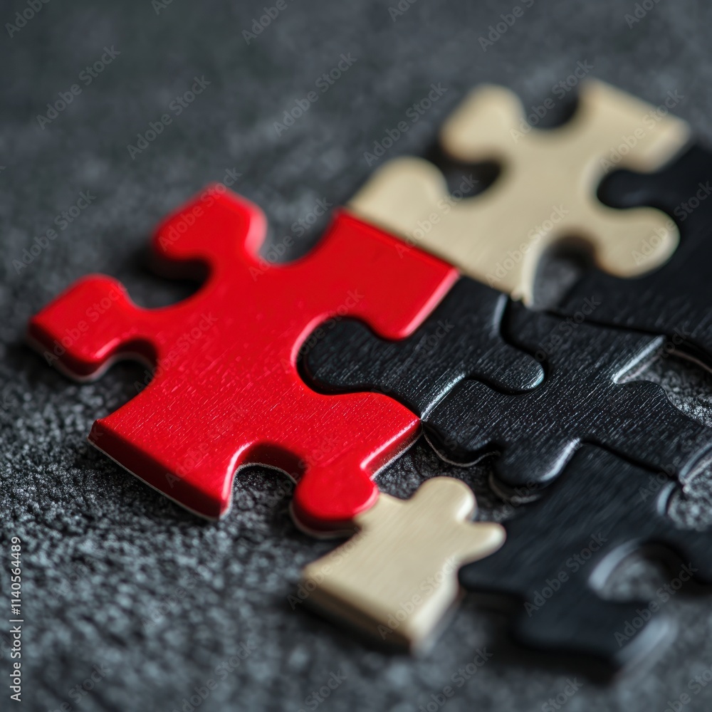 Poster a close-up image of interlocking puzzle pieces in red, black, and beige, symbolizing complexity and 
