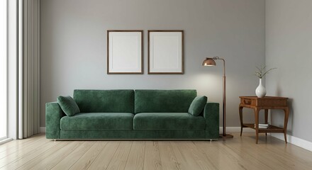 Fototapeta premium An interior living room with blank rectangular photo frames on the wall 3d illustration mock-up template.