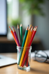 A colorful pencil rests in a glass container on a desk in a home office, fostering business creativity and productivity._00003_