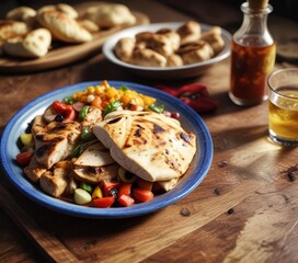 Mandi served with a side of warm pita bread and grilled chicken breast, pita bread, grilled chicken