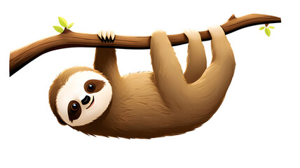 Cute cartoon sloth hanging upside down on a tree branch.