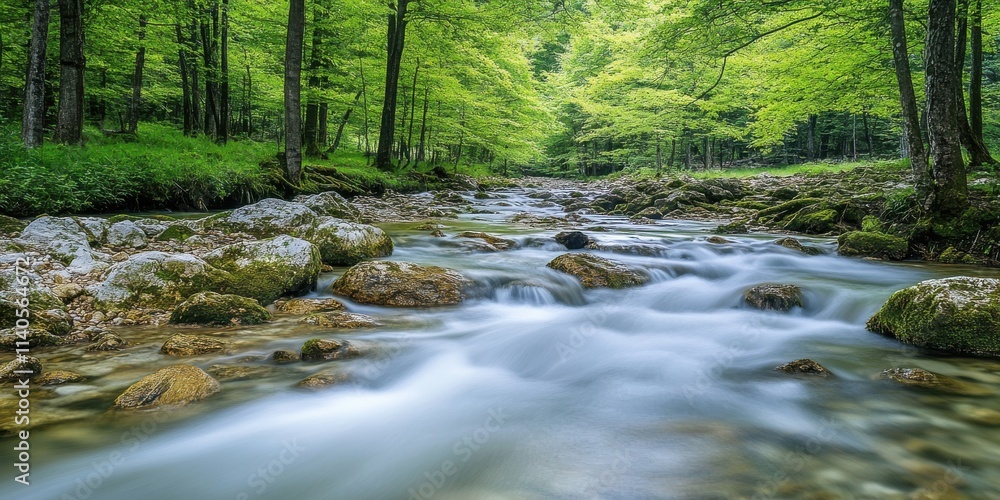 Poster a serene view of a flowing river surrounded by lush green trees and mossy rocks, creating a tranquil