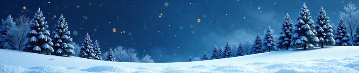Snowy landscape with elegant navy blue trees and gold ornaments, winter, navy blue