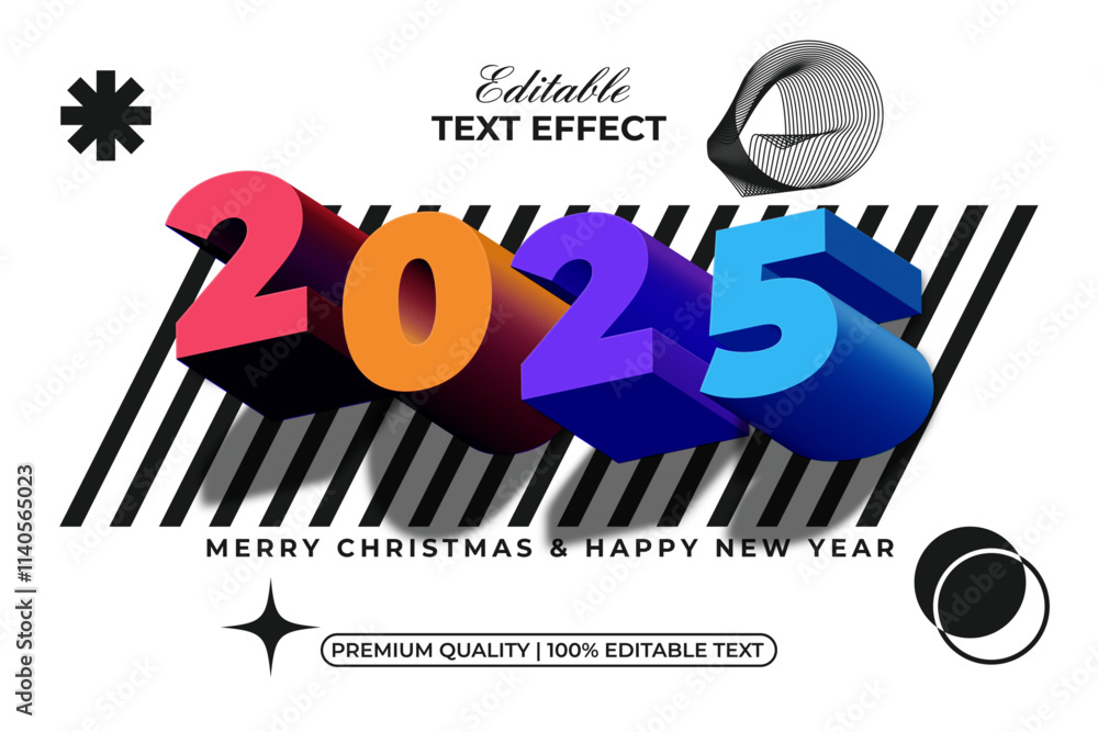 Poster 2025 colorful 3d text effect modern long shadow style. editable text effect.