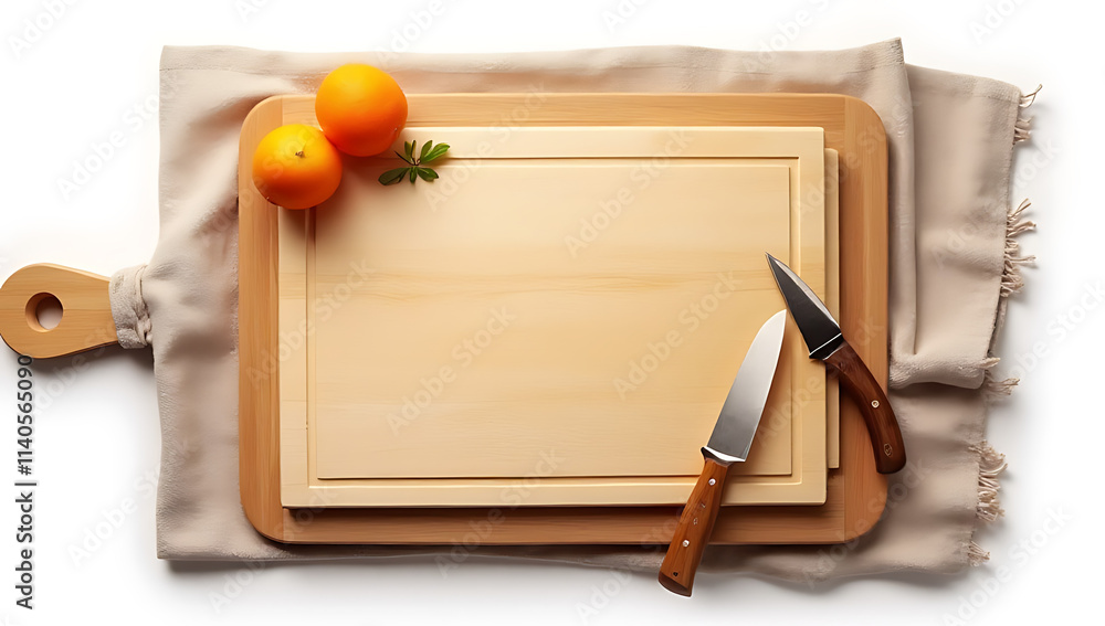 Aufkleber A chopping board placed on a tablecloth, isolated with a clipping path for use as a design key visual and background._00004_