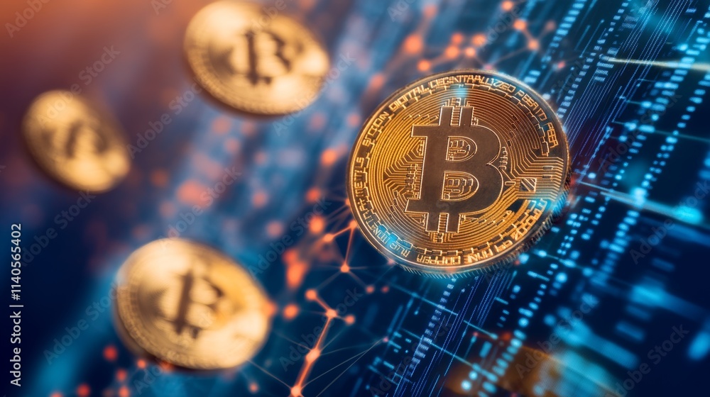 Poster golden bitcoin cryptocurrency concept with floating coins and digital technology background, highlig