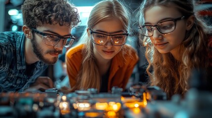 Group of students examining electronic components in a workshop