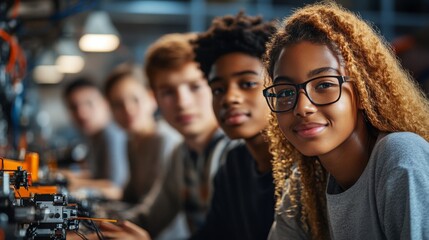 Group of students examining electronic components in a workshop