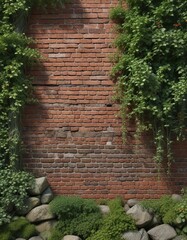 Muted red brick wall with overgrown ivy vines and moss-covered stones, greenery, architecture, nature