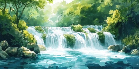 Obraz premium A serene waterfall cascading into a crystal-clear pool, surrounded by lush green foliage and sunlight filtering through the trees.