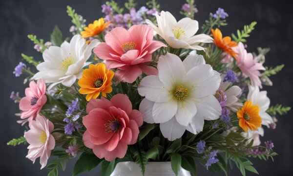 Softly blooming flowers in a delicate bouquet , greenery, colors - Powered by Adobe