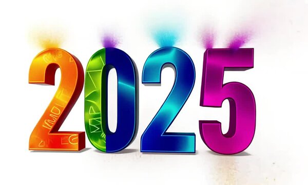 Nombre 2025 multicolore avec effets lumineux et &eacute;clats color&eacute;s, ambiance festive et joyeuse pour c&eacute;l&eacute;brer la nouvelle ann&eacute;e.