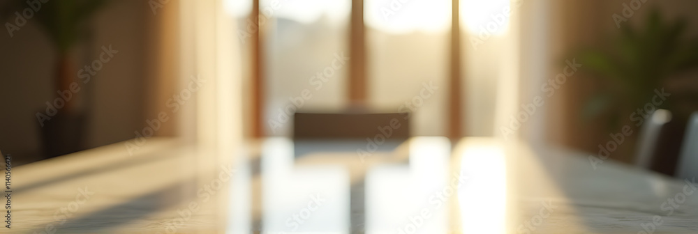 Poster a blurred window glass appears behind a marble tabletop with selective focus in a warm morning light