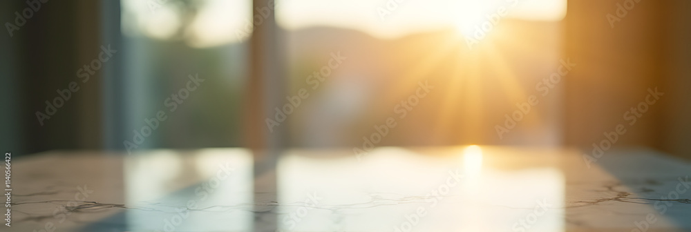 Poster a blurred window glass appears behind a marble tabletop with selective focus in a warm morning light